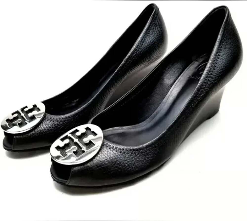 Tory Burch Sally 2 Wedge Pumps Size 6.5 Black Tumbled Leather